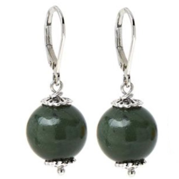 Sterling Silver Dark Green Jade Bead Drop Leverback Earrings - Picture 1 of 5